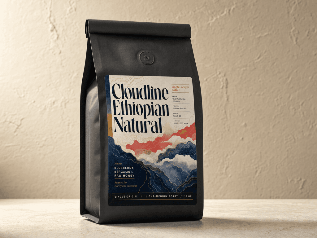 Cloudline Ethiopian Natural label applied to a gusseted coffee bag